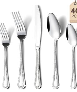 40 Pcs Silverware Set for 8, Stainless Steel Flatware Cutlery Set with Pearl Embellished, Forks Spoons Knives Set, Tableware Set for Home Restaurant Hotel, Mirror Polished, Dishwasher Safe